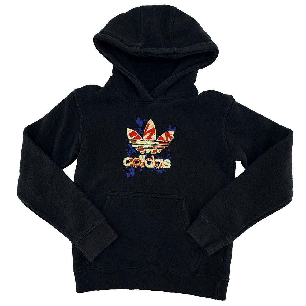 Adidas Hoodie Youth Small 9-10 Black Trefoil Logo Graphic Pullover